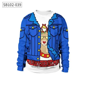 Detail of 3D digital printed denim jacket pattern and reindeer on Christmas sweatshirt