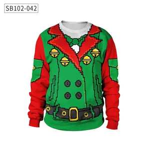 Detail of pixel art Christmas elf pattern with belt and bells on a crewneck sweatshirt