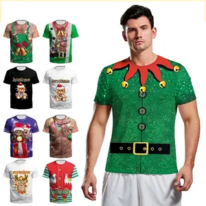 Men's 3D Digital Print Christmas T-Shirt Funny Ugly Sweater Style Short Sleeve Crew Neck Top With Reindeer Elf Graphics