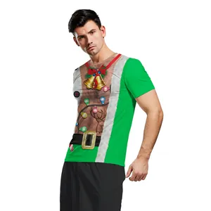 Funny Christmas 3D digital print T-shirt with bells and reindeer tattoo on green background