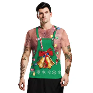 Funny 3D printed Christmas T-shirt featuring realistic chest hair and green apron design