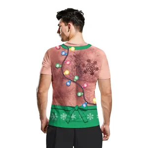 Men's funny 3D hairy back print t-shirt with festive Christmas lights pattern design