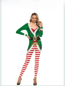 Détail d'un body de lutin de Noël avec cloches festives, pantalon rayé et imprimé