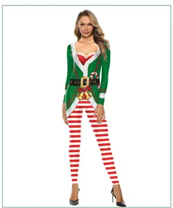 Vue de face du costume de lutin de Noël avec haut vert imprimé et legging rayé rouge