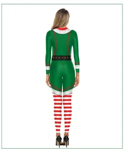 Vue arrière d'un body d'elfe de Noël moulant avec tissu vert et manches rayées rouges et blanches