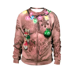 Funny 3D digital print Christmas sweatshirt featuring a hairy chest with festive lights