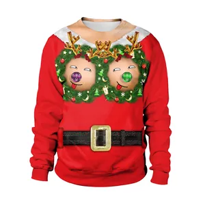 Funny Christmas ugly sweater with 3D hairy chest and reindeer print on red sweatshirt