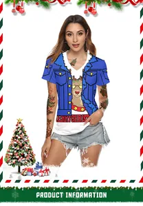 Detailed view of Christmas elk graphic print on a women's V-neck festive short sleeve T-shirt