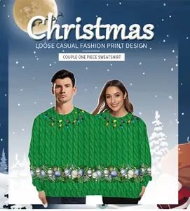 Detail of Christmas couple one piece sweatshirt featuring reindeer print and holiday motifs