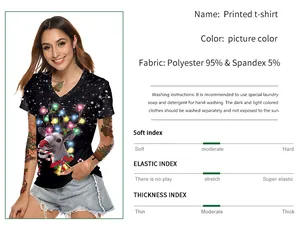 Vue détaillée du t-shirt de Noël à col en V avec imprimé renne et détails du tissu