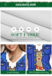 Detail of Christmas V-neck T-shirt with 3D reindeer print and 95% polyester fabric