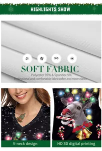 Détail du haut à col en V avec imprimé renne 3D et tissu composé de 95% de polyester