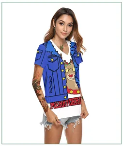 Detail of Christmas V-neck tee featuring reindeer pixel art and faux denim vest print