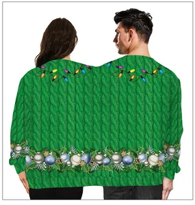 Detailed back view of a double-person green Christmas sweater with festive reindeer prints