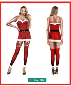 Front and back view of a slim-fit Christmas jumpsuit with 3D festive print and fur trim
