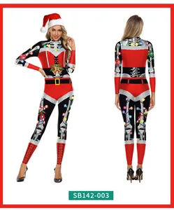 Front and back view of 3D Christmas jumpsuit with skeleton and festive print