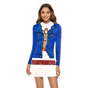 Damen Slim Fit Weihnachtskleid mit langen Ärmeln und festlichem Pixel-Druck