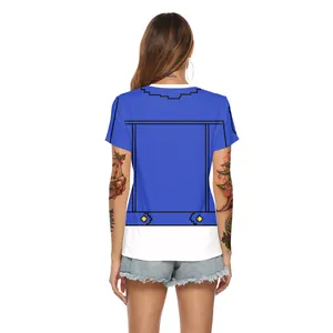 Women's Christmas V-Neck Short Sleeve T-Shirt Festive Pixel Art Reindeer Print Mock Two-Piece Denim Jacket Design Casual Top