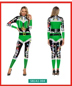 Front and back view of 3D Christmas jumpsuit featuring festive skeleton and bulb print