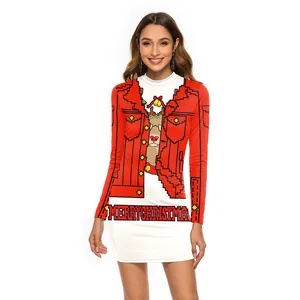 Eng anliegendes Langarm-Weihnachtskleid mit Rentier-Pixel-Art und Merry Christmas Aufdruck