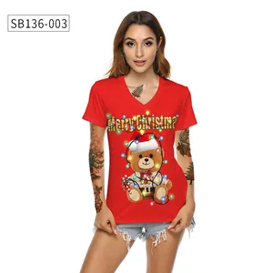 T-shirt de Noël col en V avec motif ours en peluche festif et texte Merry Christmas