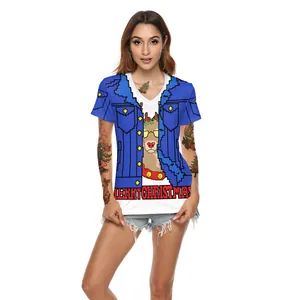 Women's V-neck Christmas T-shirt featuring pixel reindeer and denim jacket print