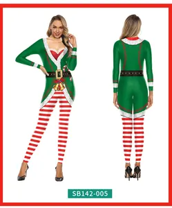 Front and back view of a Christmas jumpsuit with green bodice and red striped leggings