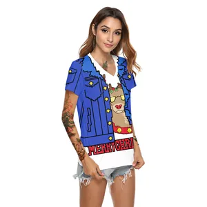 Women's V-neck Christmas T-shirt featuring pixel art reindeer and denim jacket print