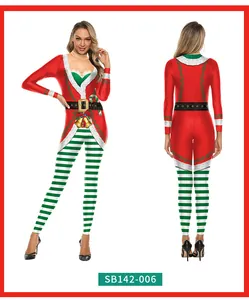 Front and back view of a Christmas bodysuit with candy cane prints and striped leggings