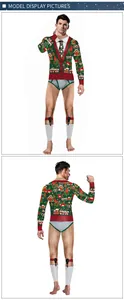 Front and back view of men's Christmas jumpsuit with 3D ginger house and holly print