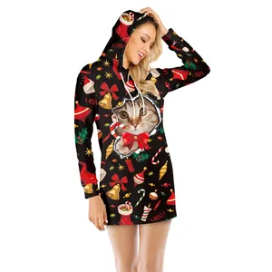 Christmas hooded dress for women featuring 3D cat print and festive ornaments graphics