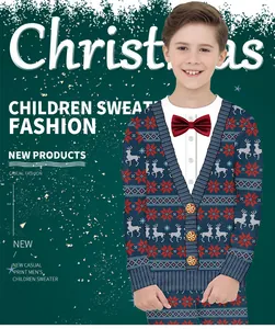 Detail of Christmas kids sweatshirt featuring navy reindeer print and 3D bow tie