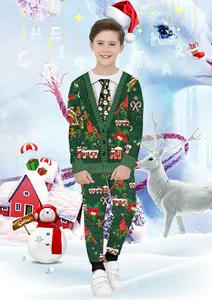 Detail of children's Christmas green suit set featuring festive 3D digital gingerbread print
