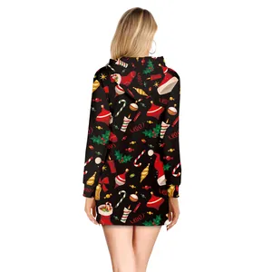 Women's Christmas Cat 3D Print Long Sleeve Hooded Mini Dress Polyester Spandex Slim Hoodie Dress For Holiday Party