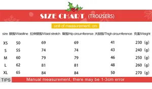Detailed size chart for kids Christmas 3D suit print trousers with waist and hip measurements