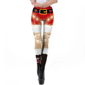 Women's Christmas leggings featuring 3D Santa belt and reindeer print patterns
