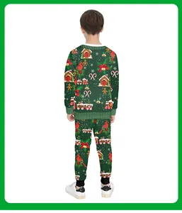 Rear view of green Christmas kids loungewear set with gingerbread and holiday prints