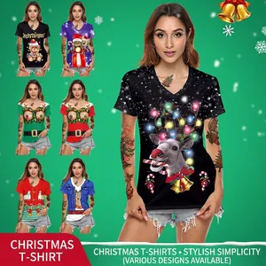 T-Shirt à Manches Courtes Col en V Noël pour Femmes Imprimé Renne Père Noël Festif Haut Décontracté en Polyester Élasthanne