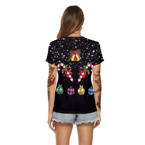 T-shirt noir femme à col en V avec motif renne de Noël et imprimé numérique festif