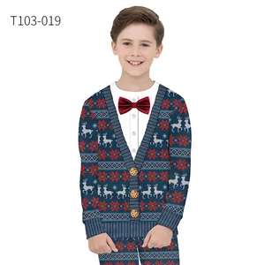 Kids Christmas tracksuit with 3D reindeer print and blue cardigan visual effect