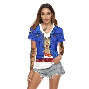 T-shirt de Noël col en V pour femmes avec renne en pixels et imprimé Merry Christmas