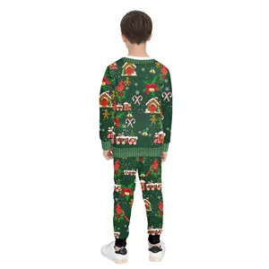 Kids green Christmas knit set with gingerbread and snowflake 3D suit print back view