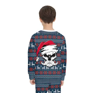 Kids blue Christmas sweater with festive reindeer patterns and skull holiday design
