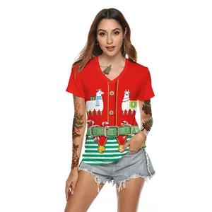 T-shirt de Noël pour femme à col en V avec renne 3D et imprimés de fête festifs