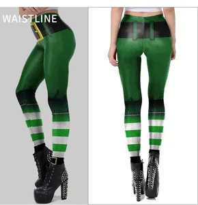 Detail view of St. Patrick’s Day leggings showing waistline print and green mesh texture