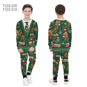 Kids Christmas green knit set with Santa, gingerbread house and candy cane patterns
