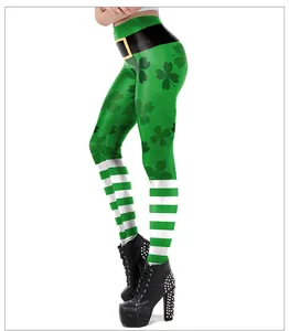 Detail of St. Patrick's Day leggings featuring clover prints and green white stripes