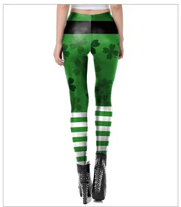 Rear view of St. Patrick's Day leggings with green clover patterns and striped ankles