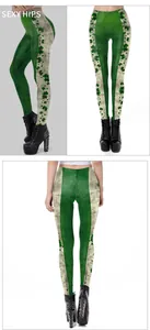 Vue sous trois angles du legging de la Saint-Patrick avec imprimés trèfles sur les côtés