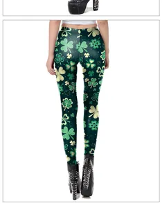 Close-up back view of Saint Patrick's Day leggings with green and yellow shamrock prints